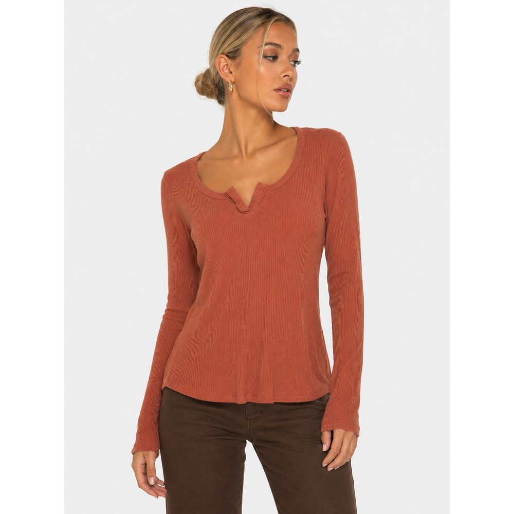 Project Social T Rust Orange Ribbed Notch Neck Long Sleeve Top USA M